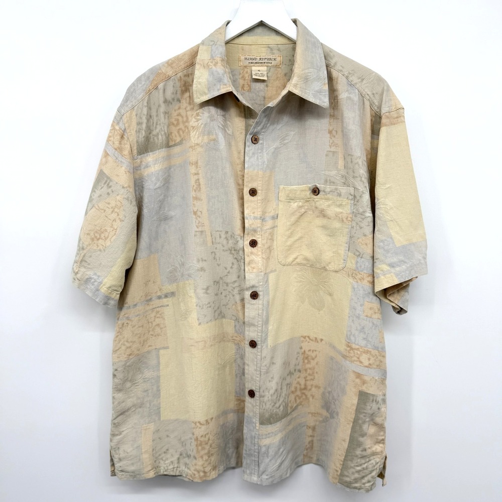 Island Republic Hawaiian Shirt Mens XL Copyrighted 100% Silk Embossed Earthy